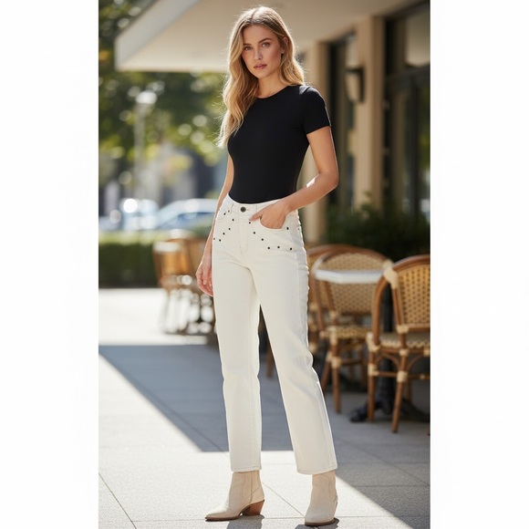 blue b Denim - NEW blue b Cream Washed Western Yoke Silver Studded Slim Leg Denim Jeans